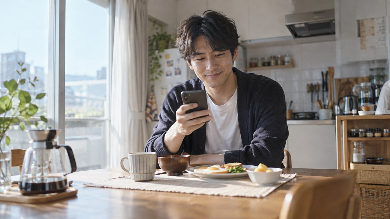 朝食をとりながらスマートフォンのメッセージを読む男性