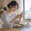 朝食のテーブルでスマートフォンに挨拶を入力する女性