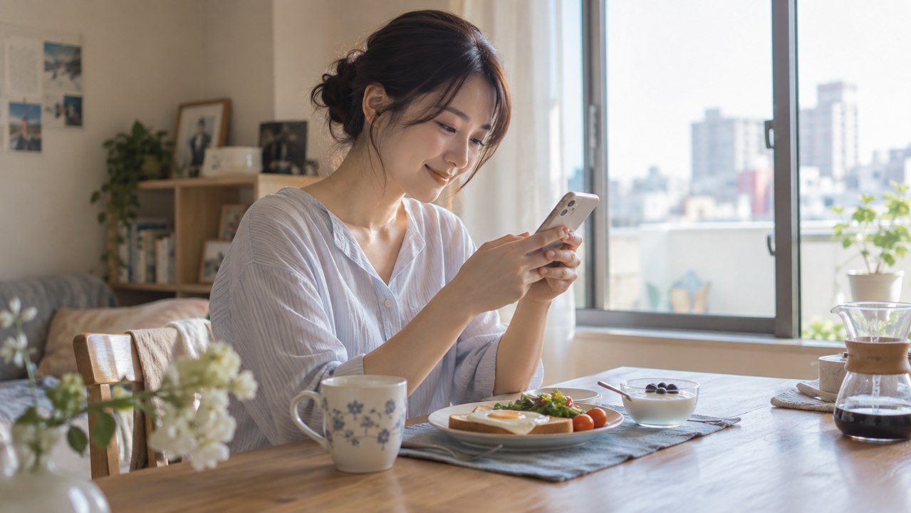 朝食のテーブルでスマートフォンに挨拶を入力する女性