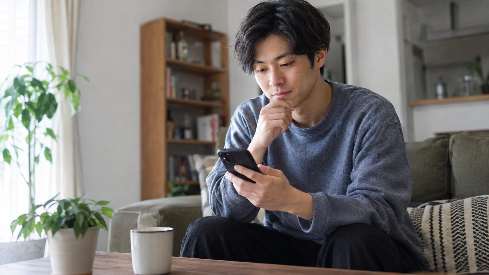 自宅でスマートフォンを見て落ち着いて返事を考える男性