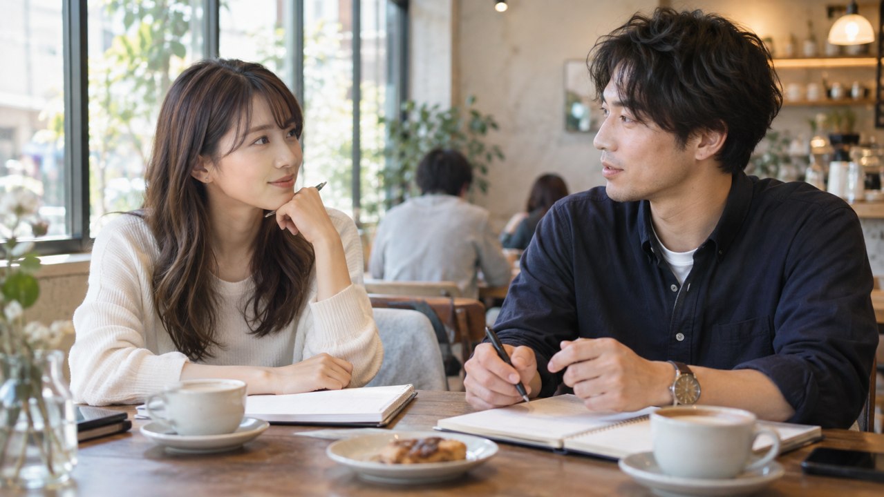 カフェでノートを前に意見を交わす男女