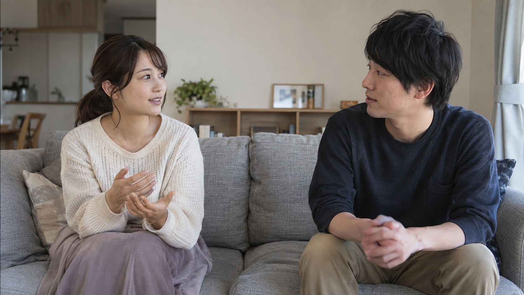 自宅のソファで互いの考えを話す男女