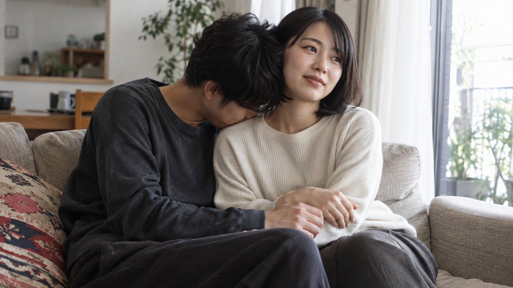 ソファで女性の肩から首元にそっと顔を寄せる男性