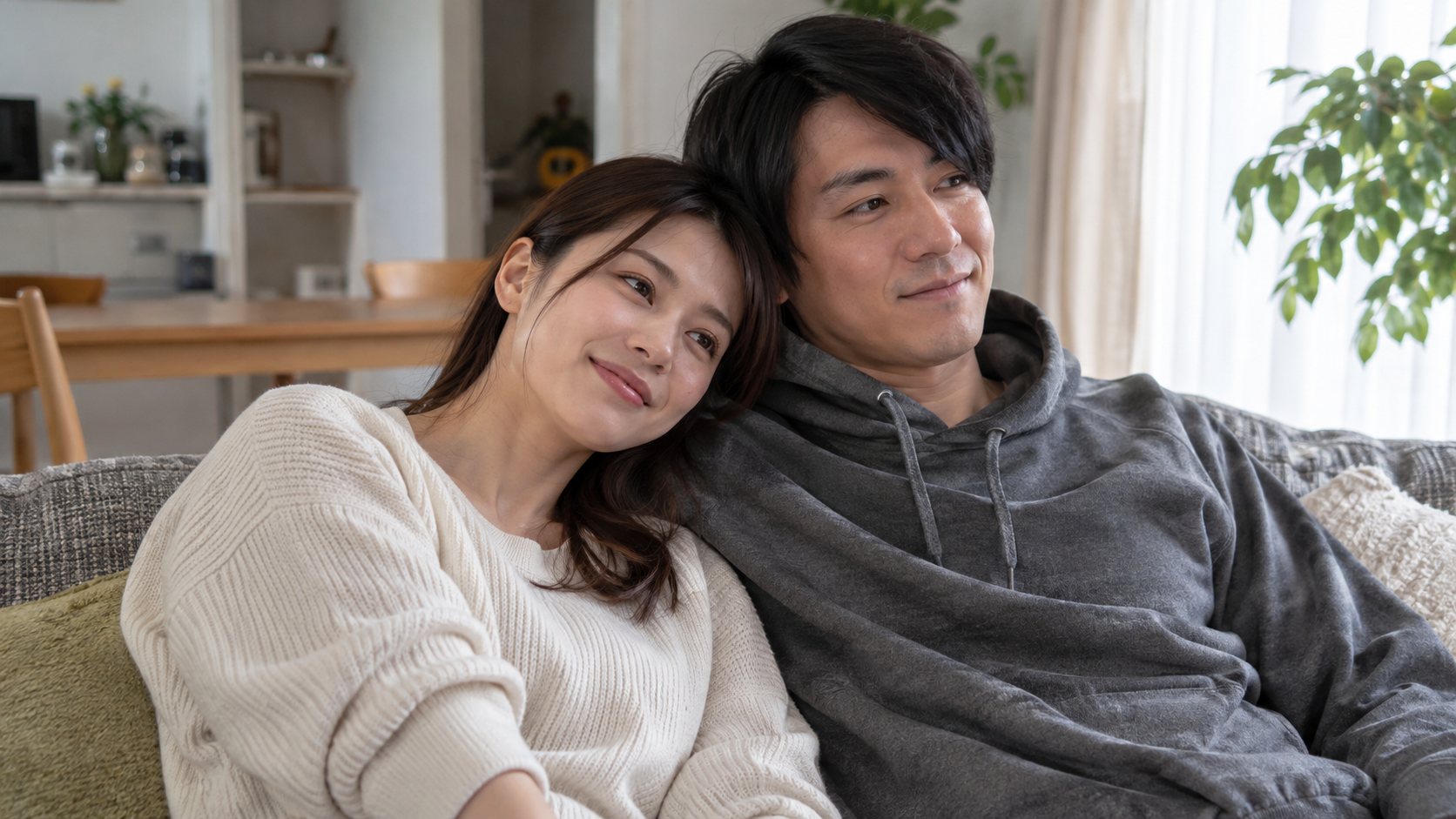 ソファで恋人の肩にそっと寄り添う女性