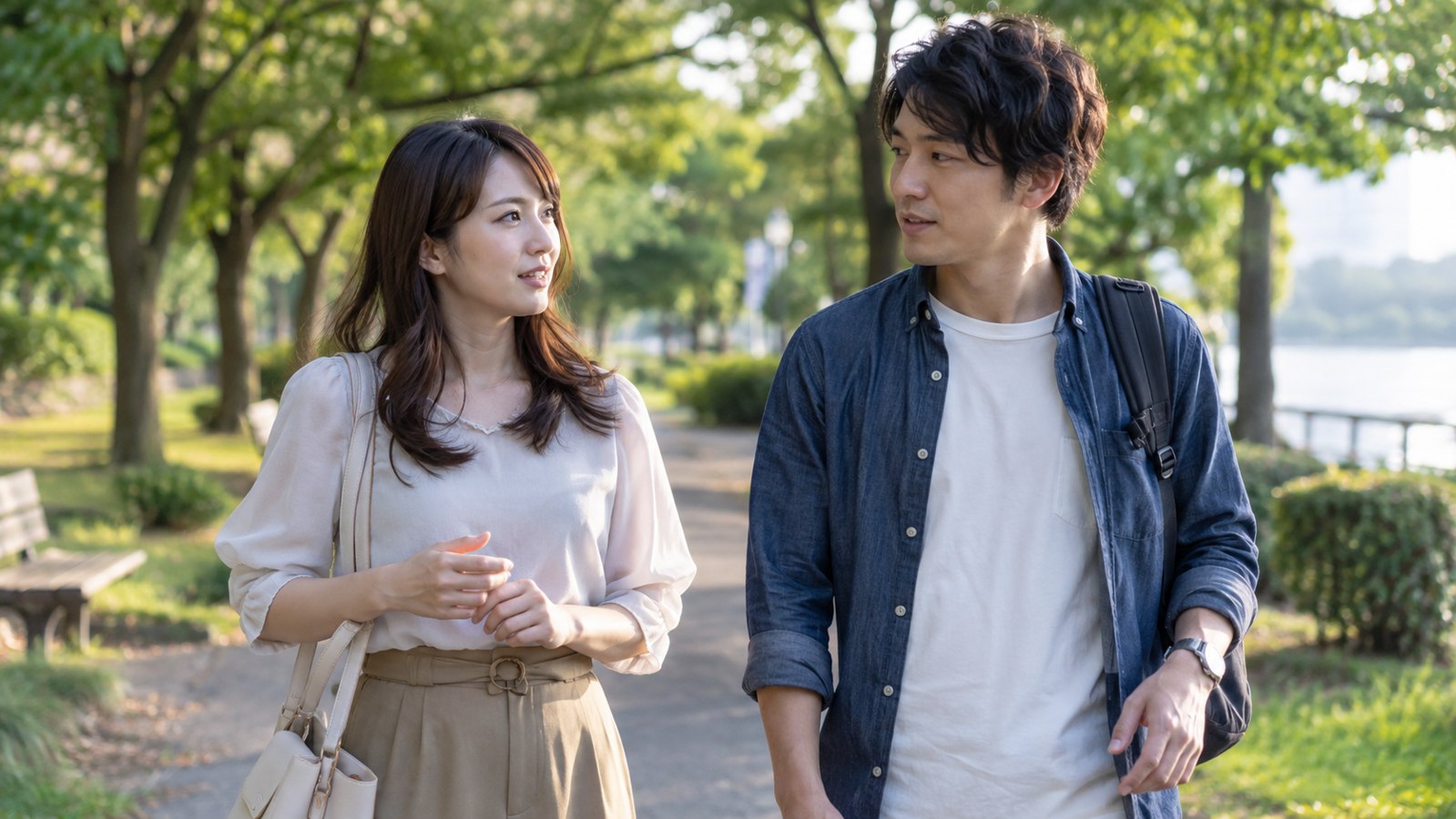 公園を並んで歩きながら会話する男女