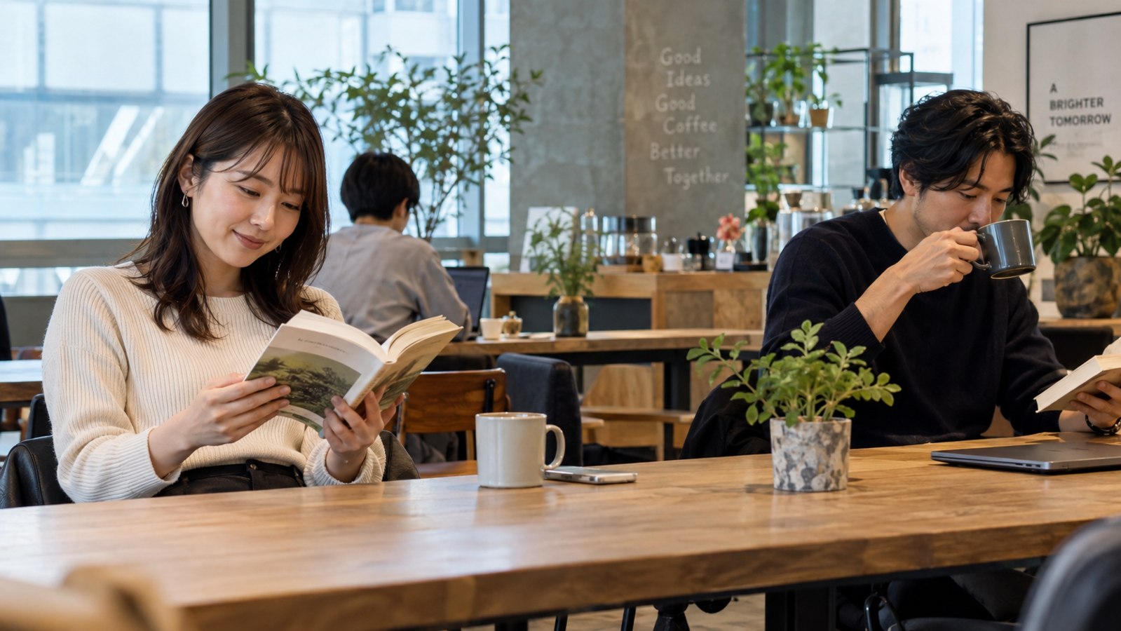 休憩中に本をきっかけに会話する男女