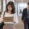 職場の廊下で資料に目を向けながら歩く女性