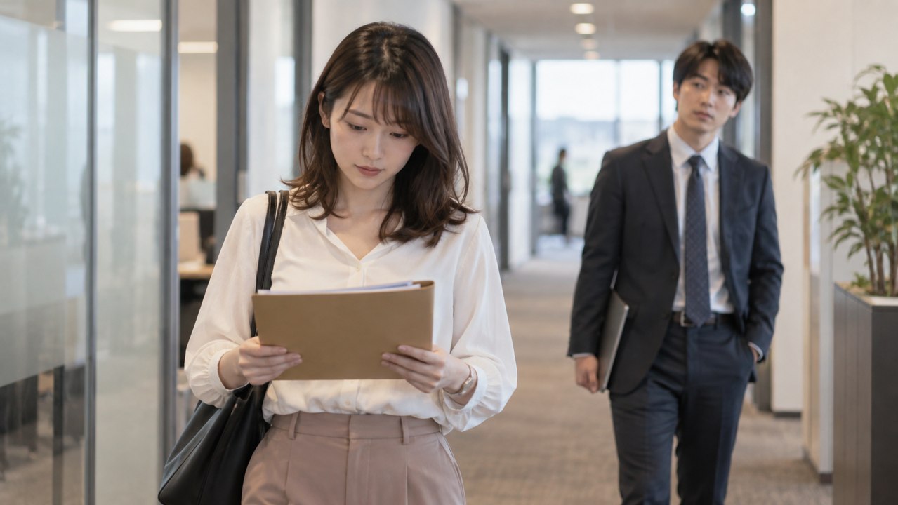 職場の廊下で資料に目を向けながら歩く女性