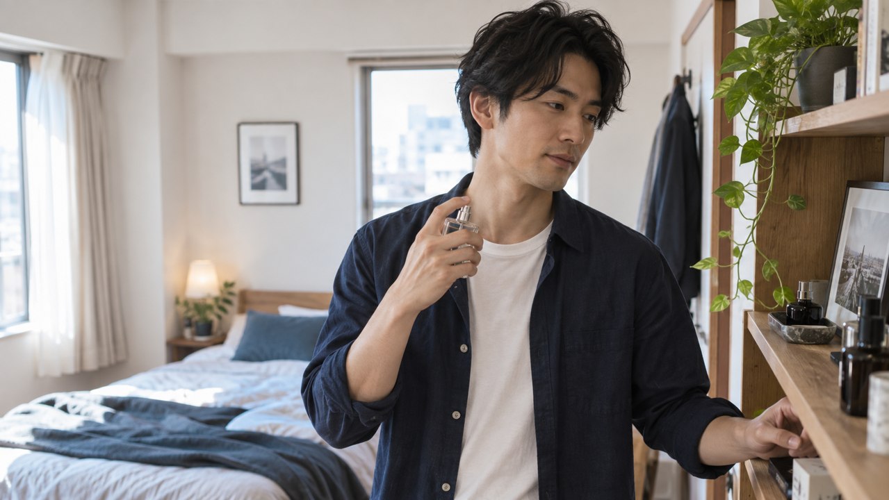 出かける前に香水を使う男性