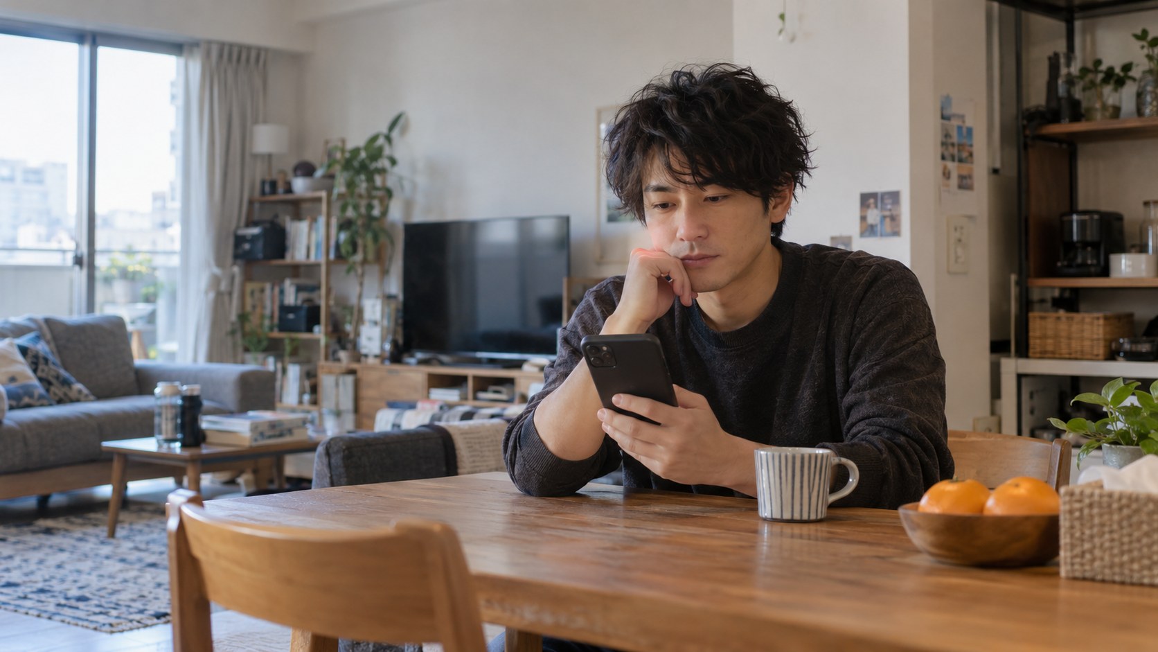 自宅でメッセージを読み考える男性