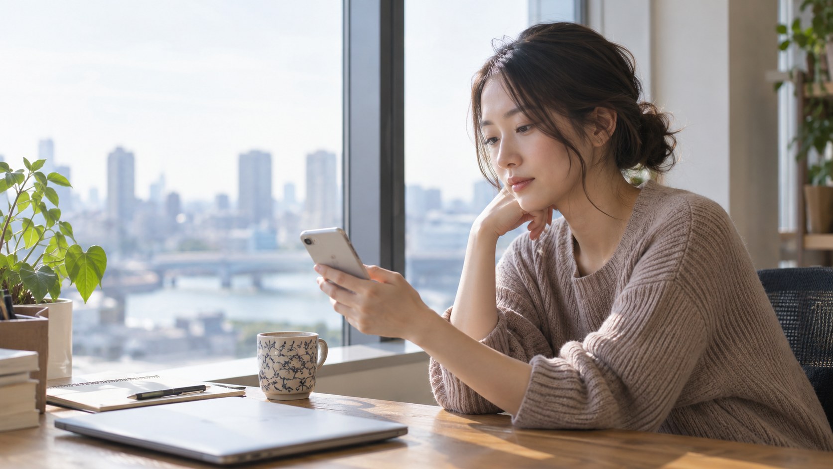 仕事の合間にスマートフォンを確認する女性