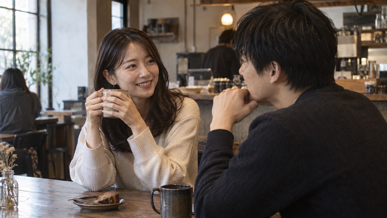 カフェで男性と話しながら笑顔を見せる女性