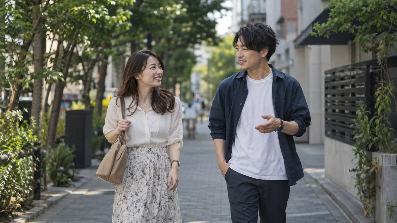 会話をしながら並んで街を歩く男女
