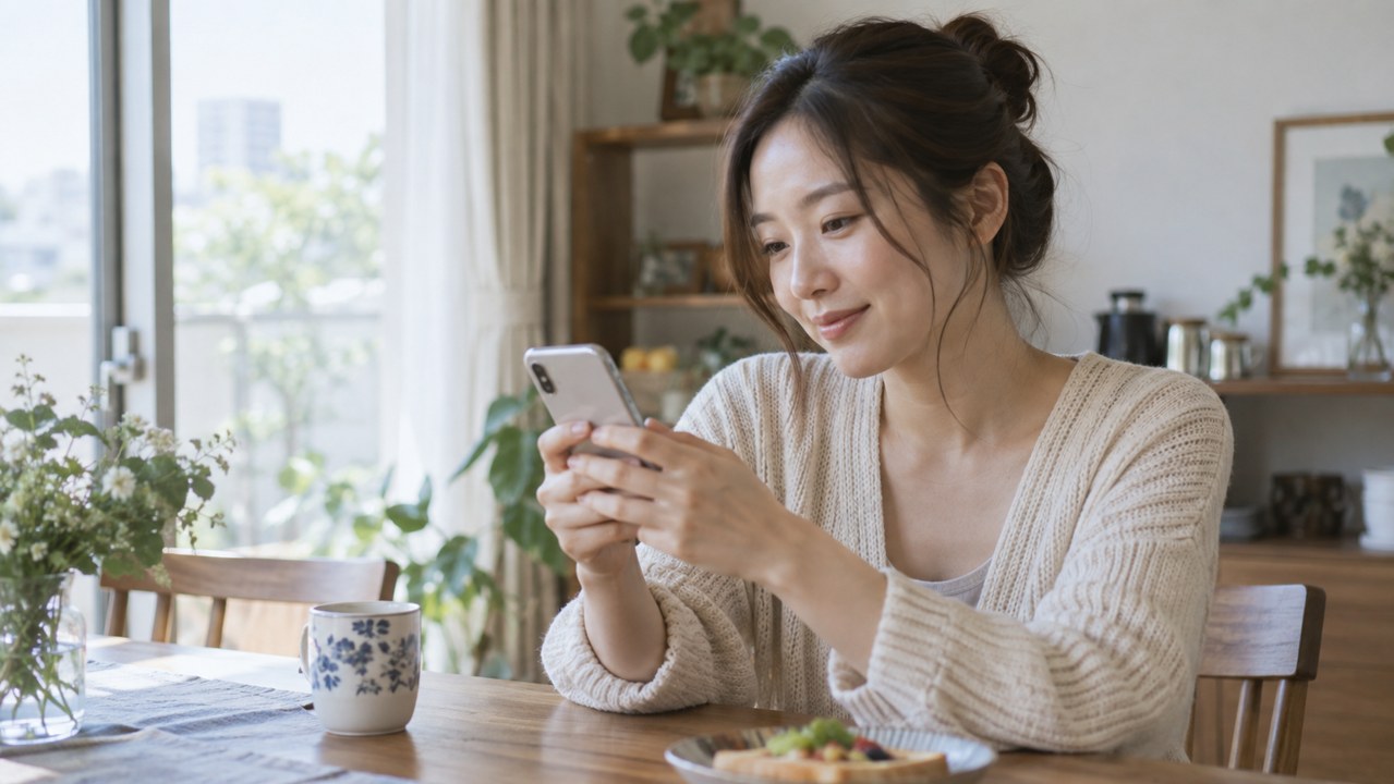 自宅でスマートフォンのメッセージを読む女性