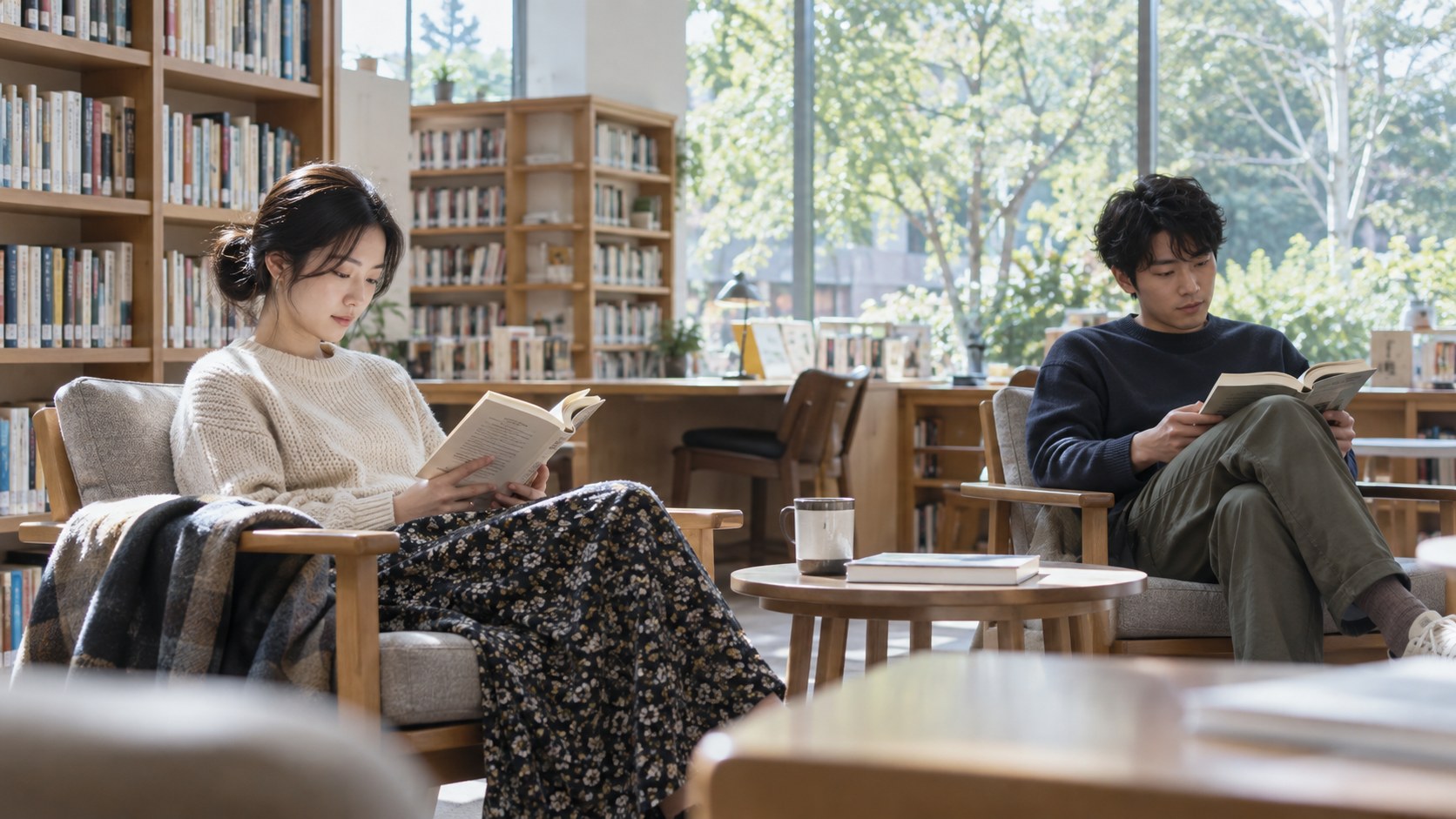 それぞれ本を読みながら静かに過ごす男女