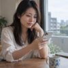 窓際でスマートフォンのメッセージを確認する成人女性