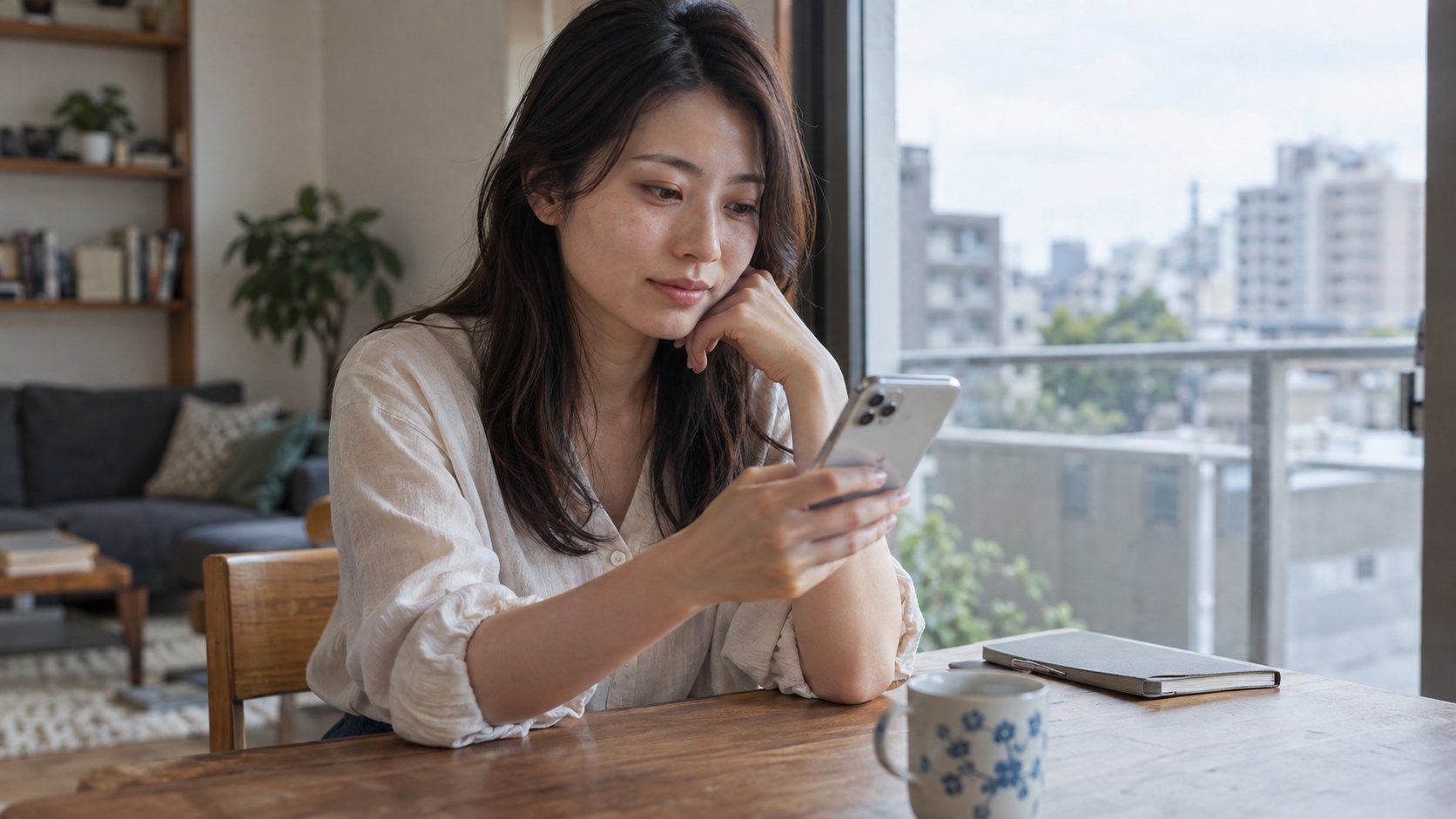 窓際でスマートフォンのメッセージを確認する成人女性