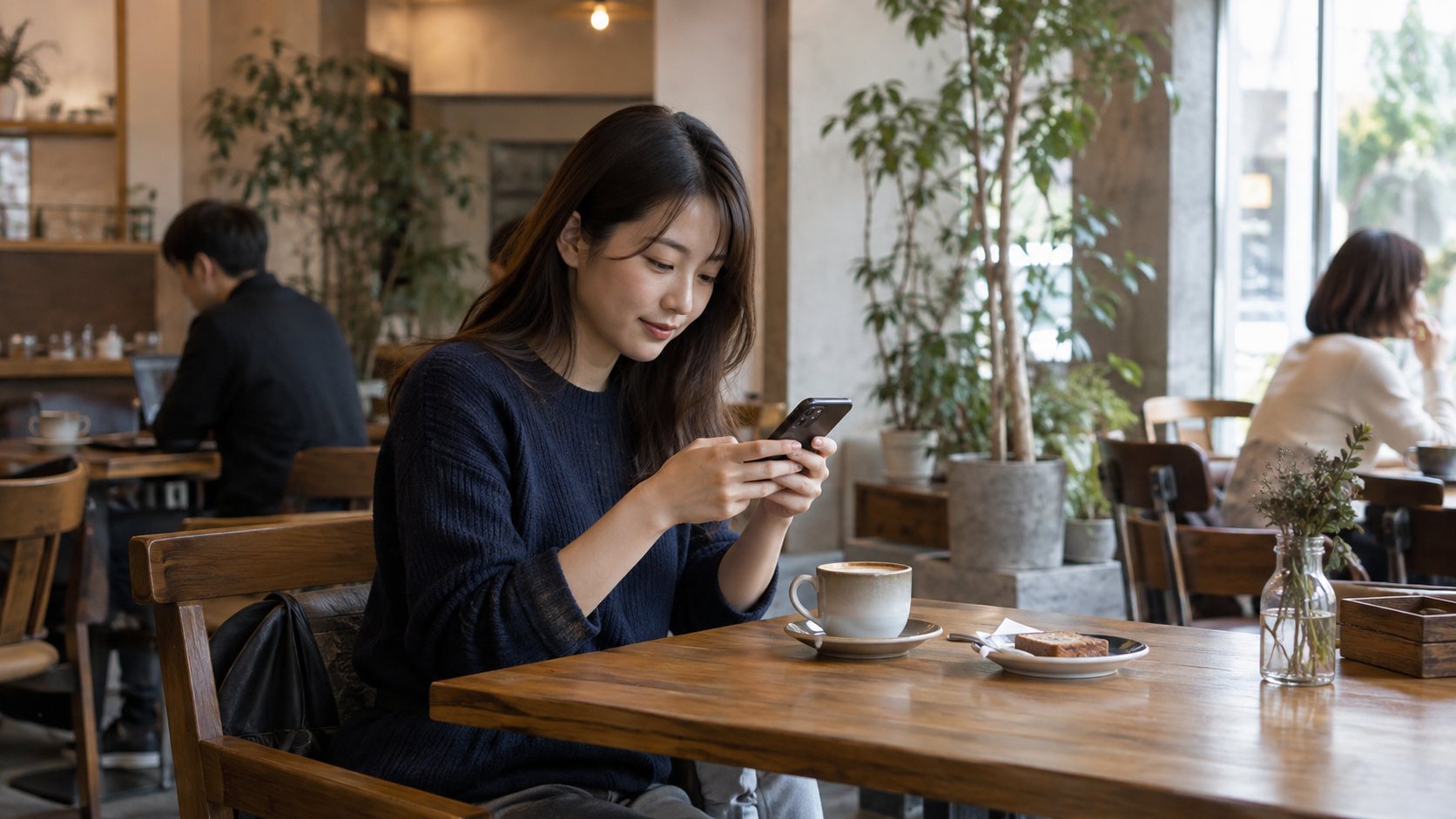 カフェで休憩中にスマートフォンで返信する女性