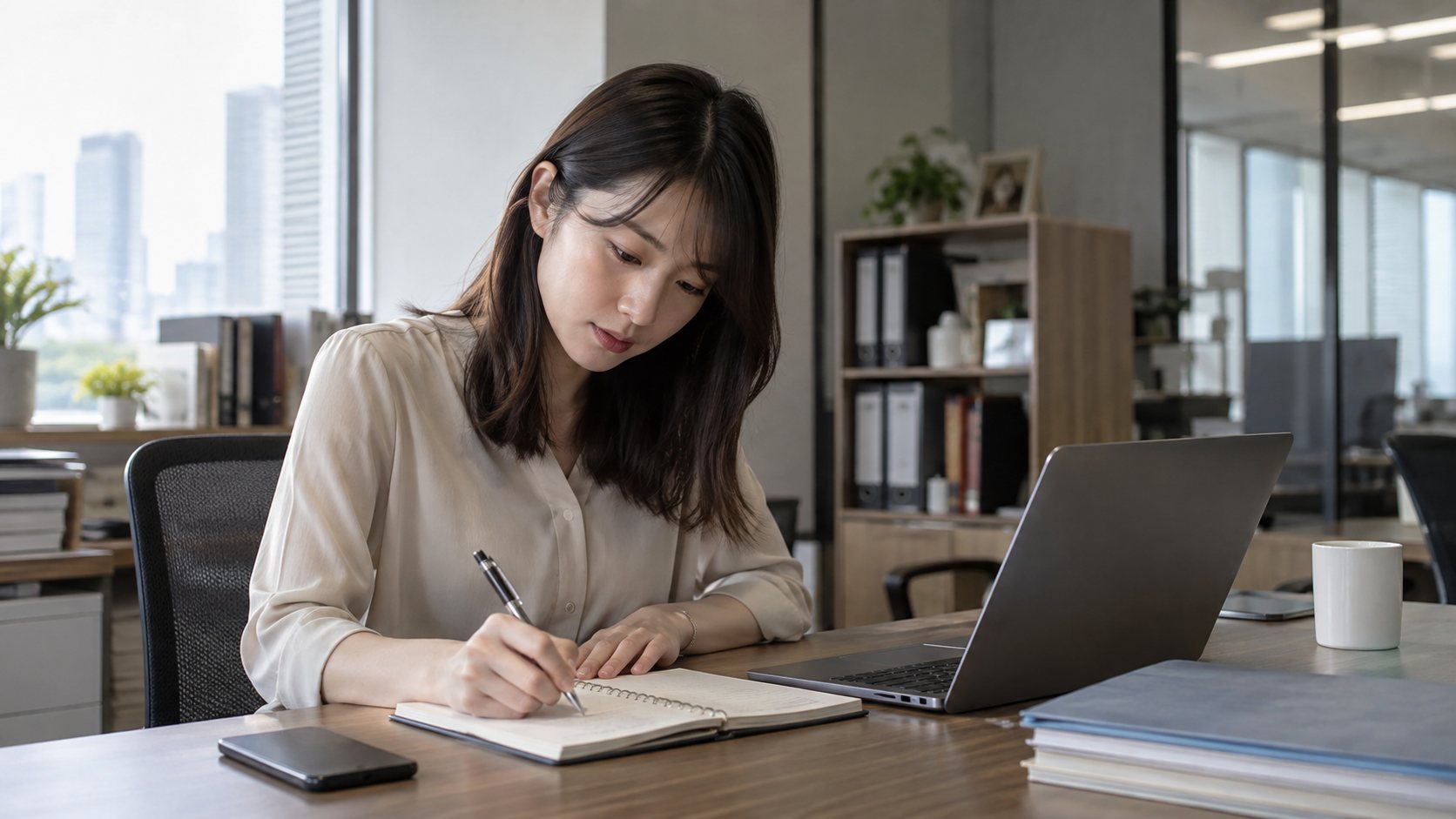 スマートフォンを机に置き、仕事のメモを書く女性