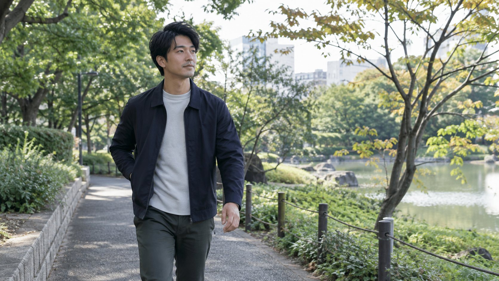 スマートフォンから離れて公園を歩く男性