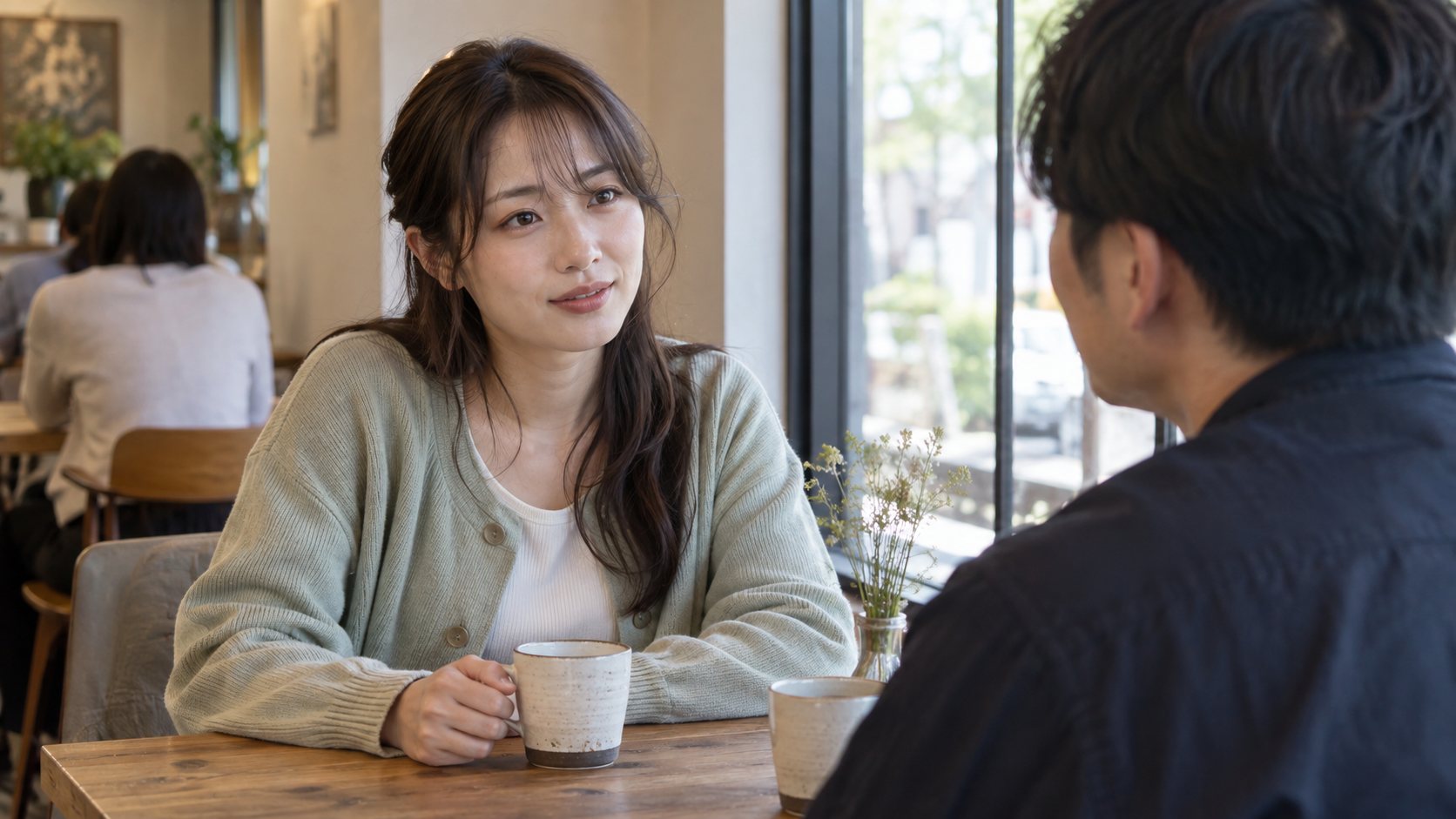 カフェで男性の話を気遣いながら聞く女性