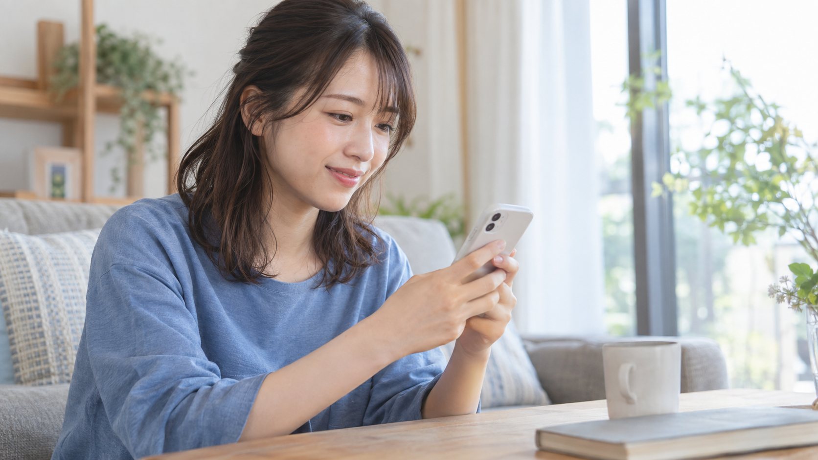 スマートフォンでメッセージを読み、返事を考える女性