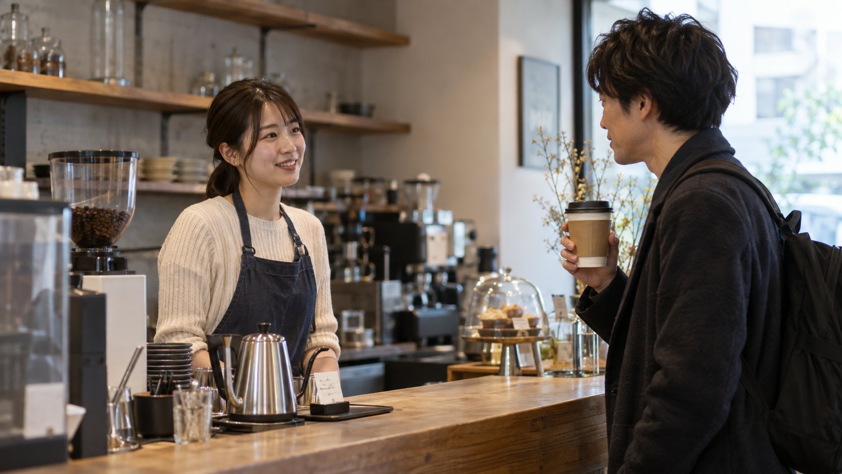 静かな時間帯のカフェで、カウンター越しに短い会話をする店員と客