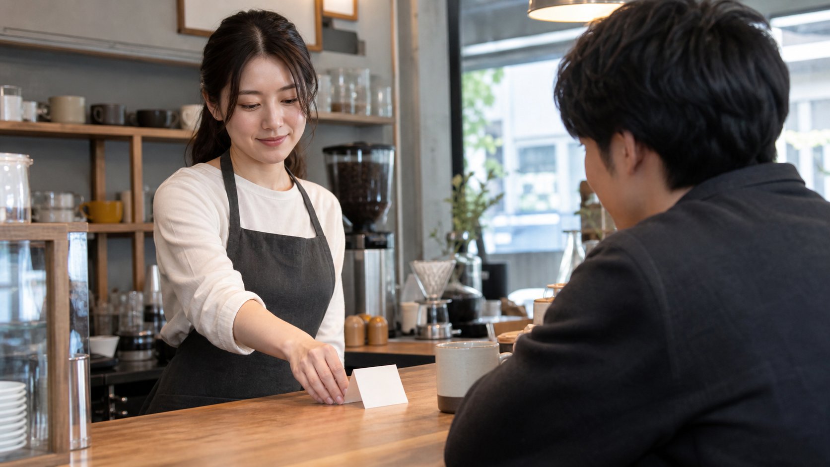 カフェのカウンターで、相手に触れず小さなメモを差し出す女性店員