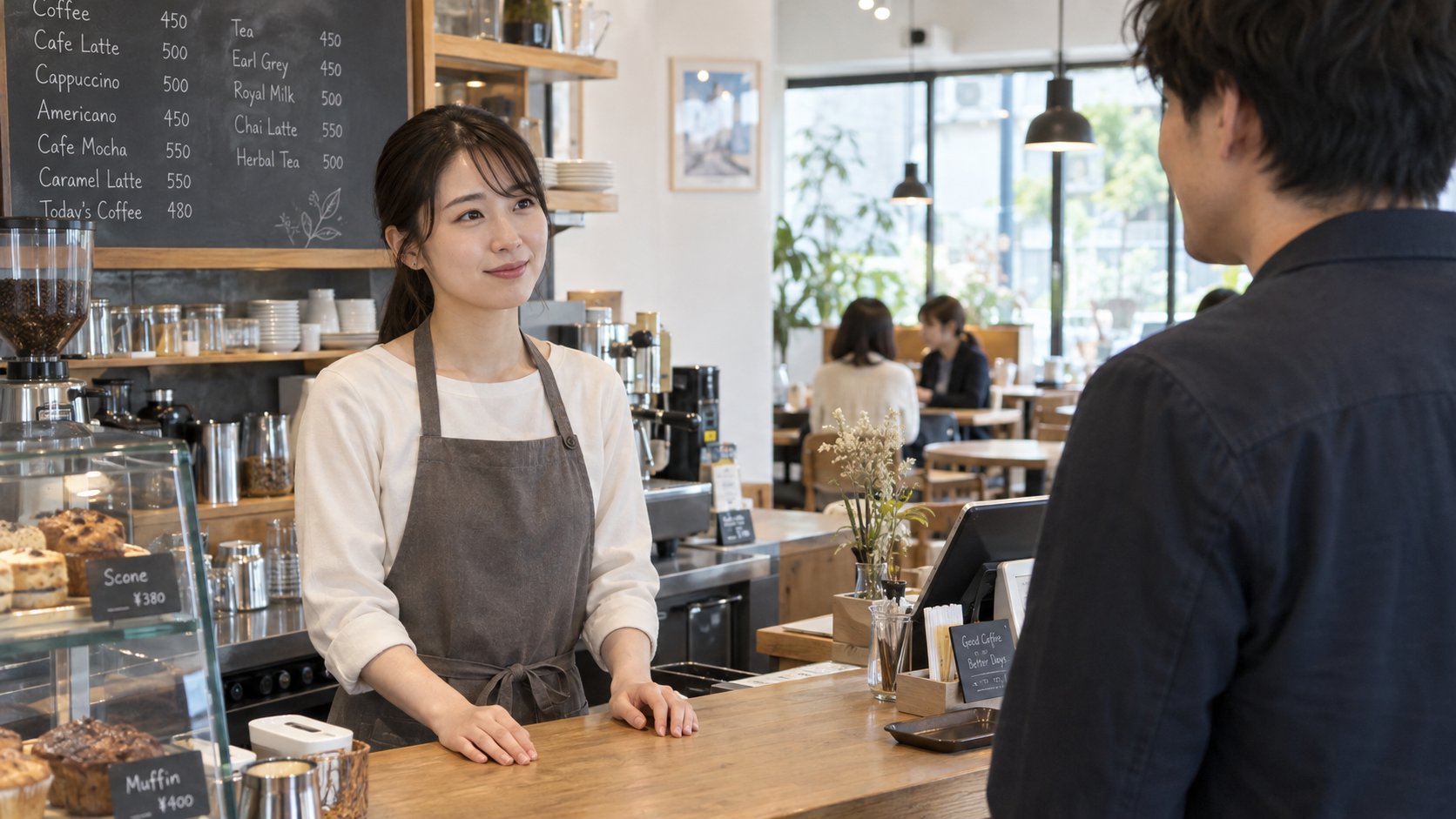 カフェのカウンター越しに、穏やかに接客する女性店員