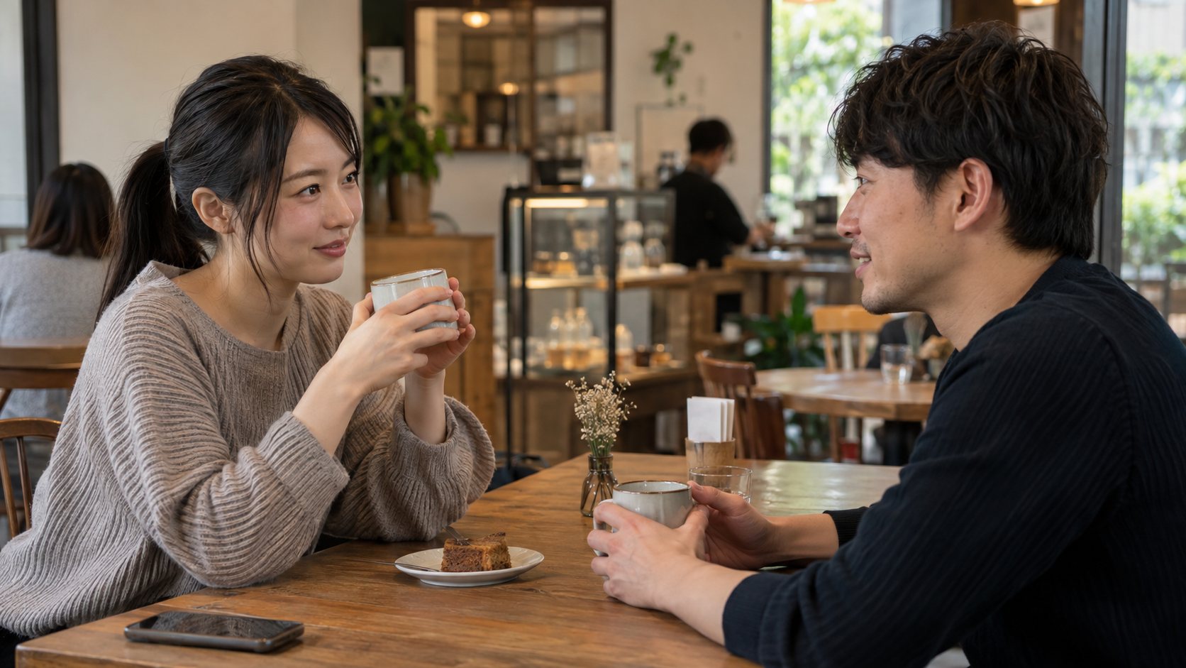 カフェで向かい合って落ち着いて話す男女
