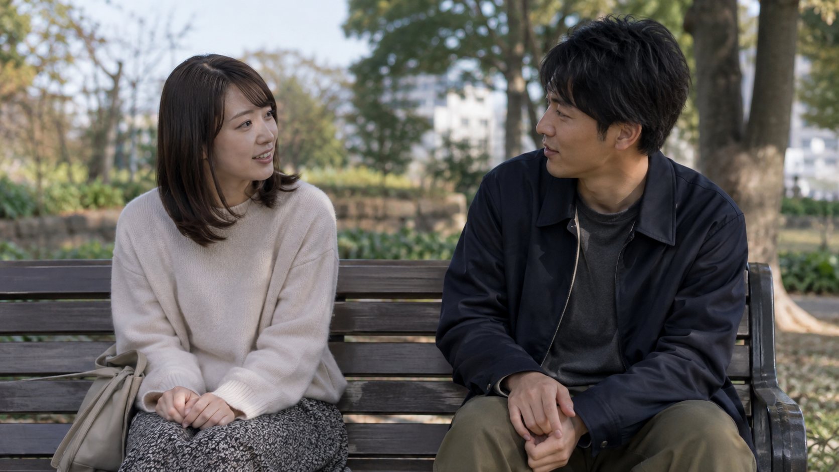ベンチで互いの様子を見ながら穏やかに話す男女