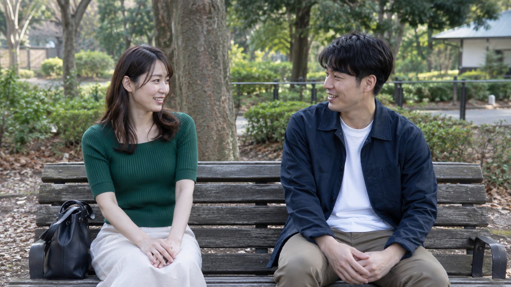 公園のベンチで心地よい間隔を保って会話する男女