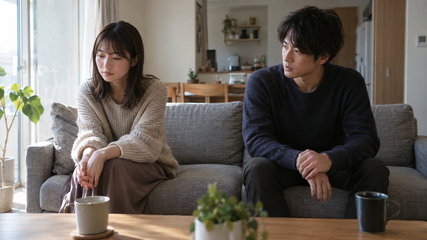 少し距離を置いて座り、静かに考える女性と見守る男性