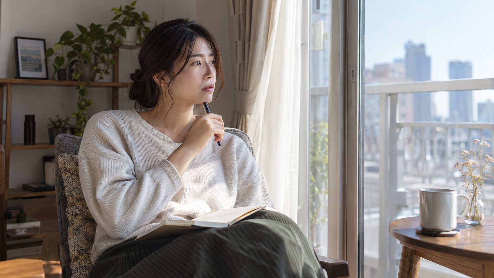 窓辺でノートを開き、自分の考えを整理する女性