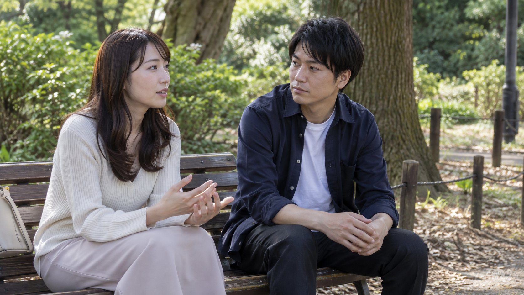 公園のベンチで、女性の話を遮らずに聞く男性