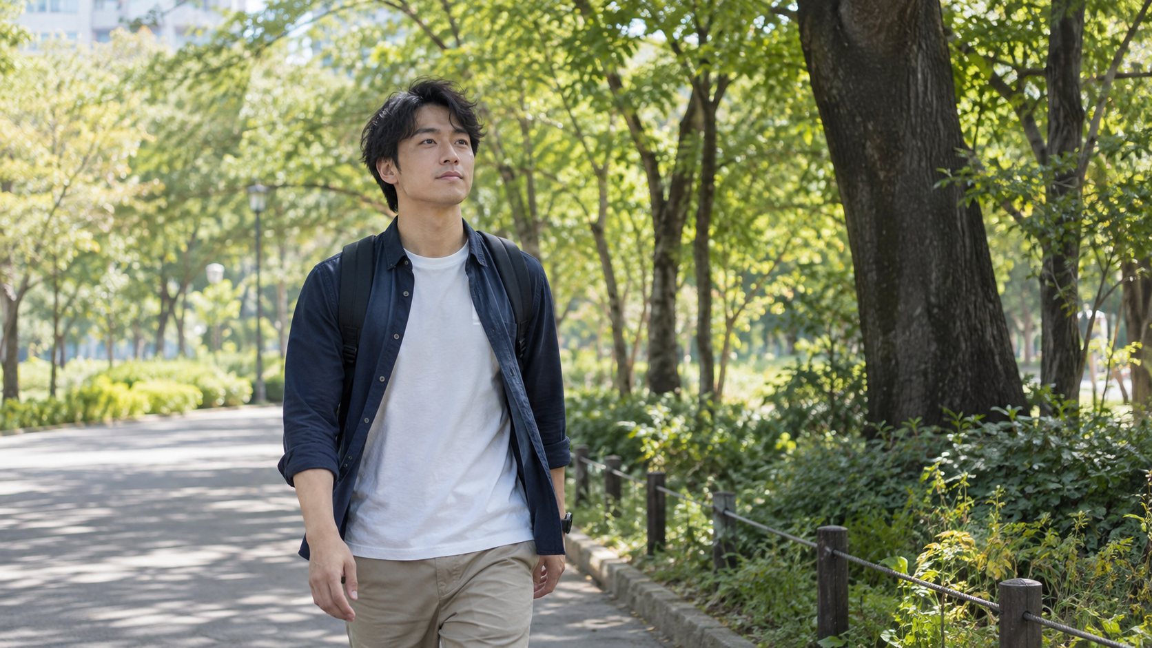 緑のある公園を一人で歩きながら気持ちを整える男性