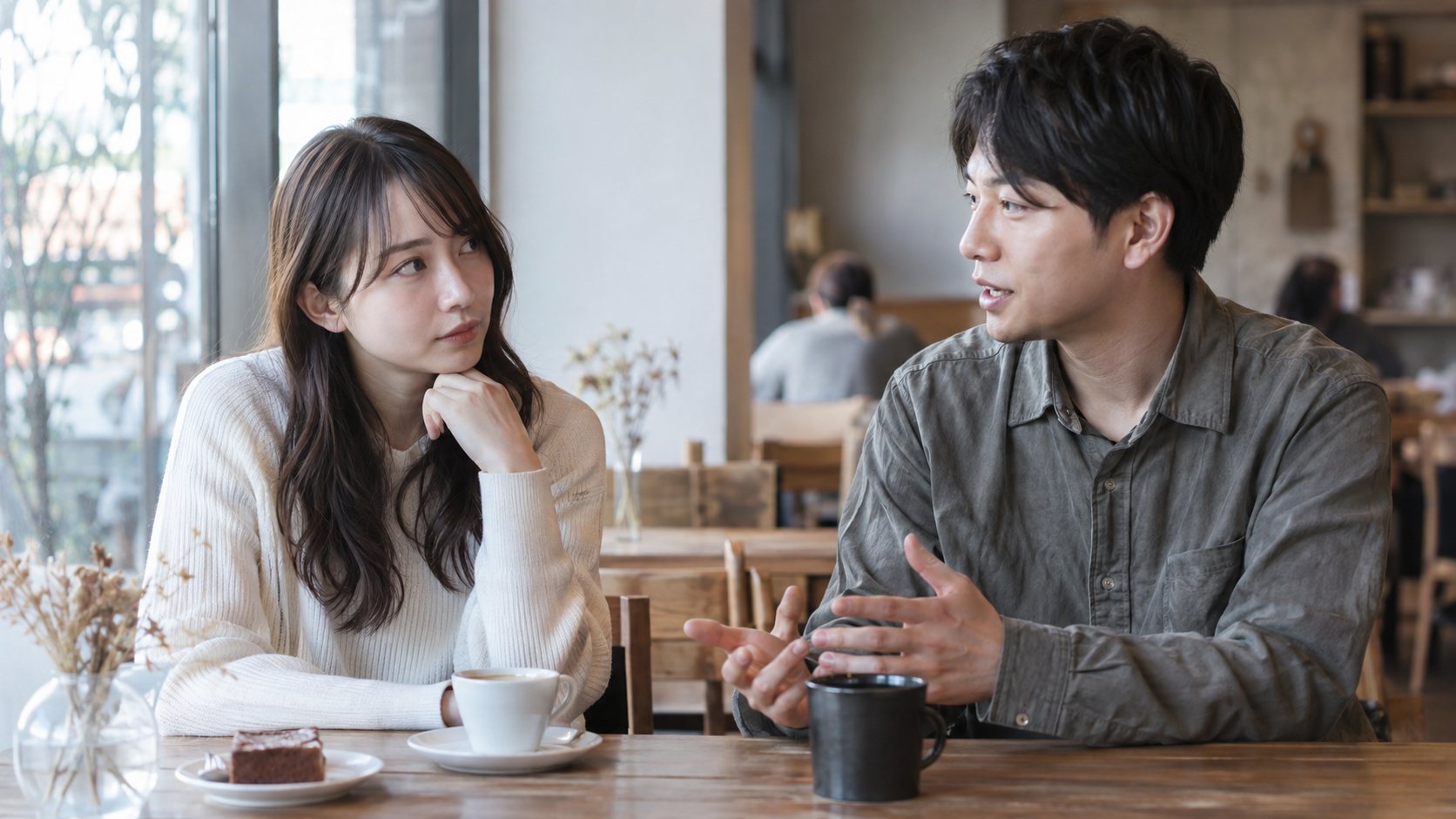 カフェで男性の真剣な話に耳を傾ける女性