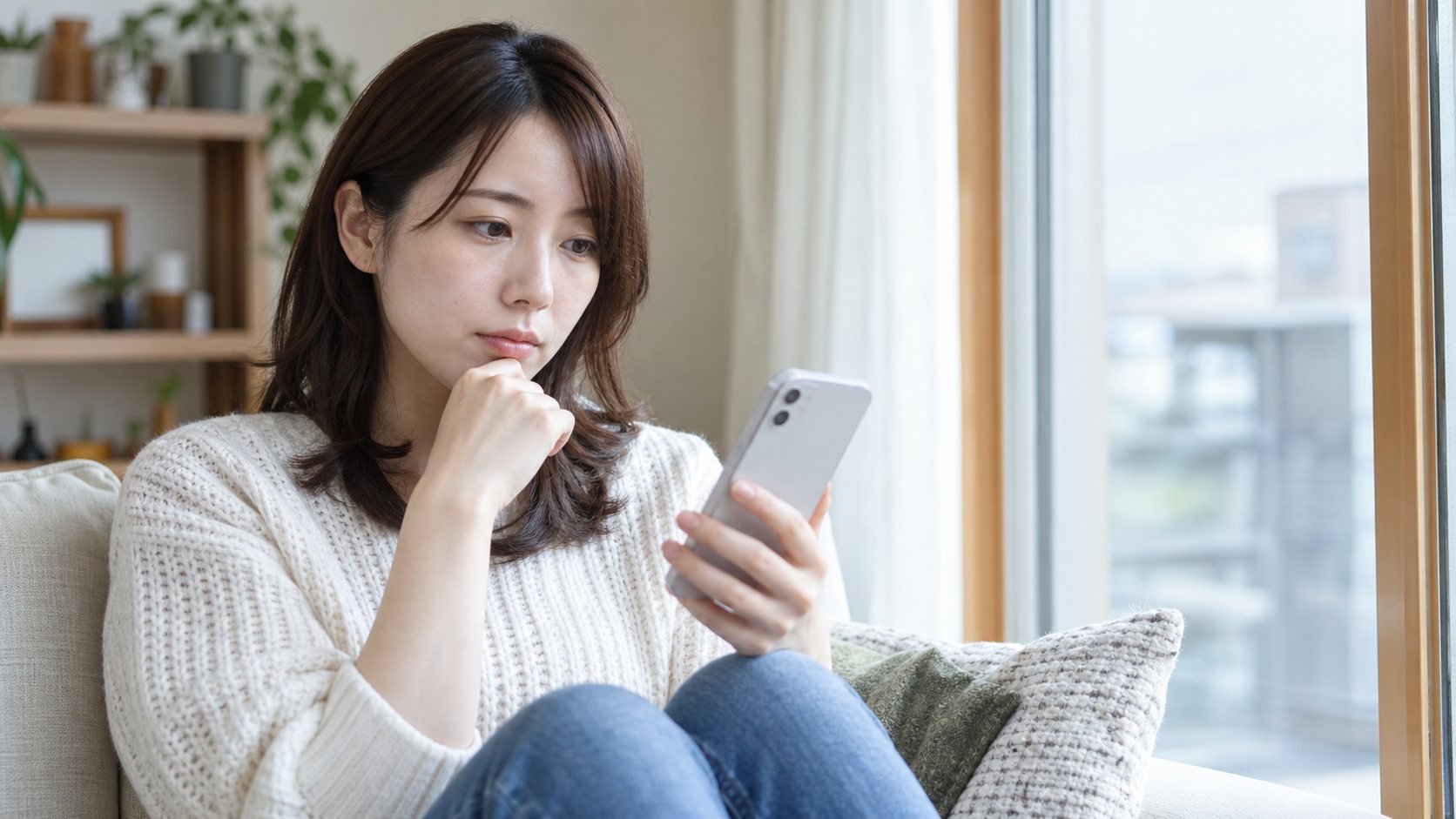 スマートフォンを見ながら返事を考える女性