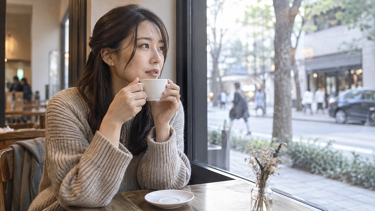 カフェの窓際で考え事をする女性