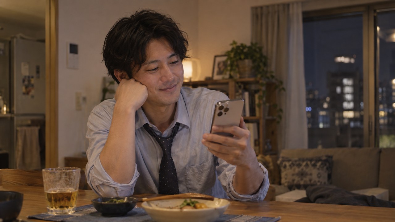 仕事を終えて自宅でメッセージを読む男性