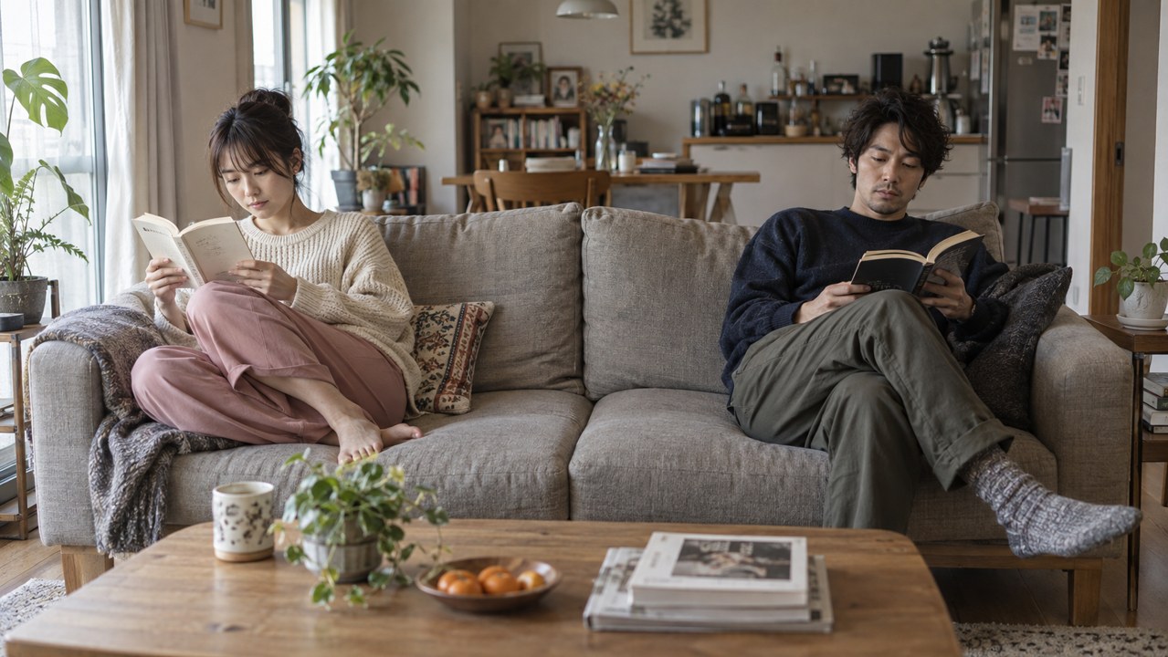ソファでそれぞれ読書をしながら一緒に過ごす男女