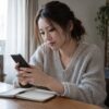 自宅の机でスマートフォンのメッセージを確認する女性