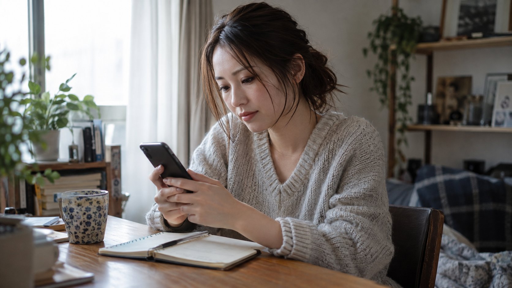 自宅の机でスマートフォンのメッセージを確認する女性