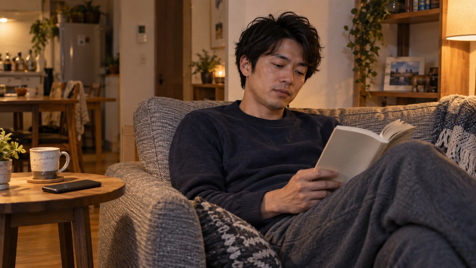 仕事を終えて自宅でゆっくり読書する男性