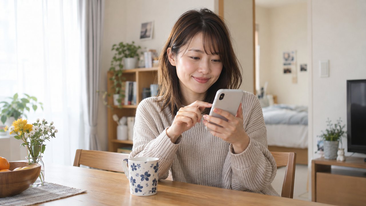 朝のテーブルでスマートフォンのメッセージを考える女性