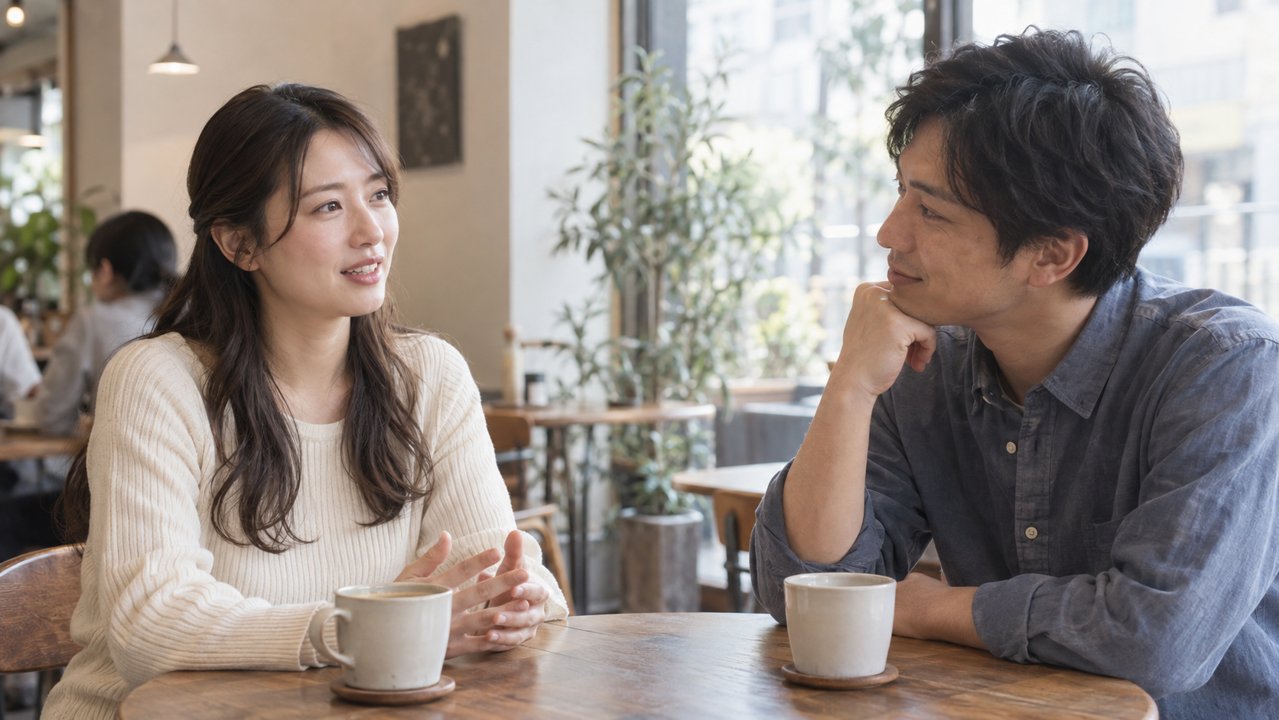 カフェで相談する女性の話を穏やかに聞く男性