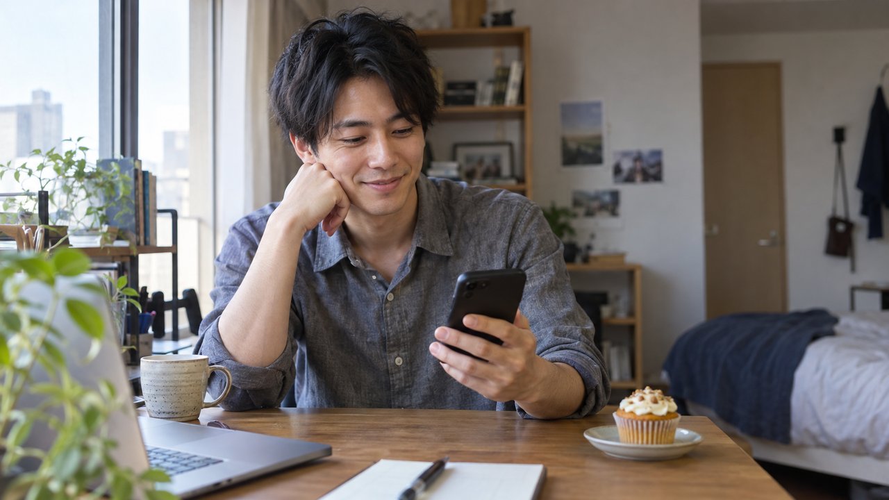 カップケーキのある机でスマートフォンを見る男性