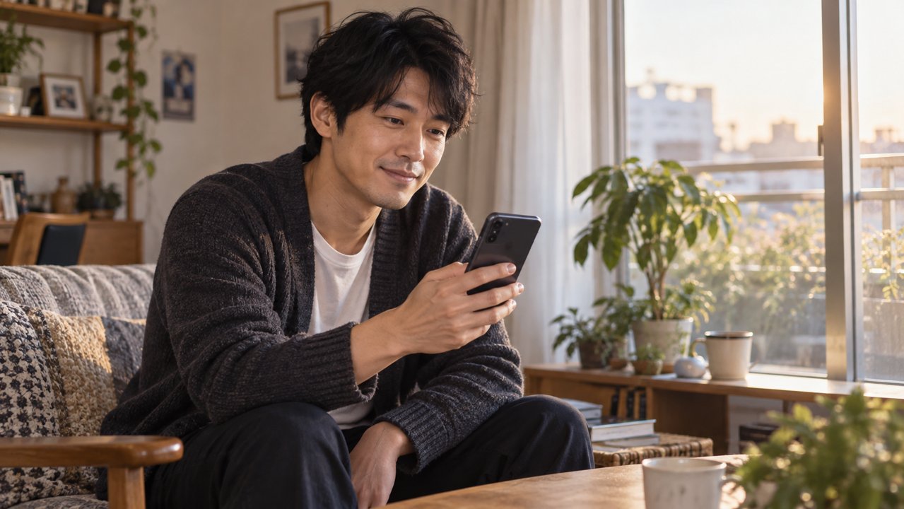 自宅でスマートフォンを見ながら連絡する男性