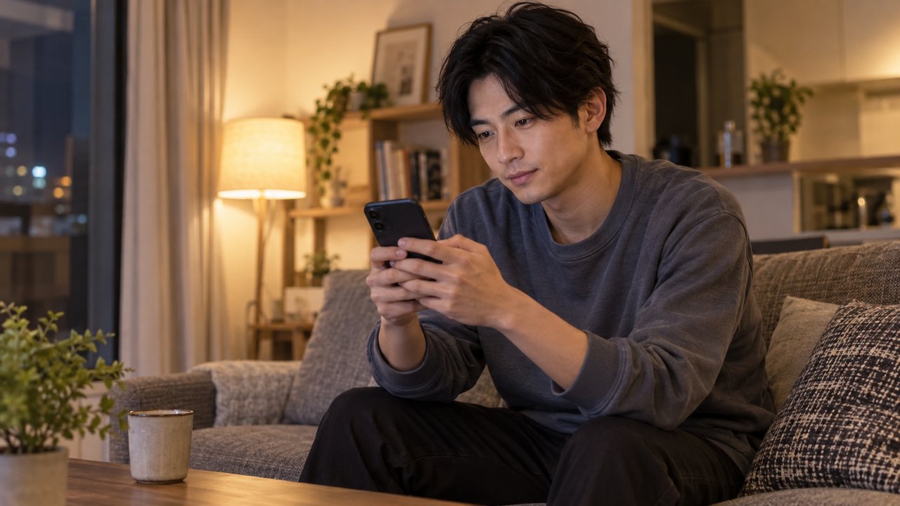 夜の部屋で誕生日のお祝いへの返信を考える男性