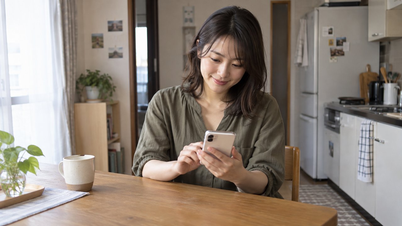 相談のお礼をスマートフォンで伝える女性